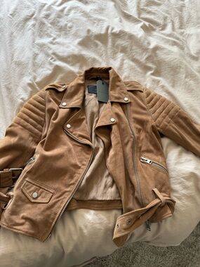AllSaints Suede Moto Jacket in Tan Brown